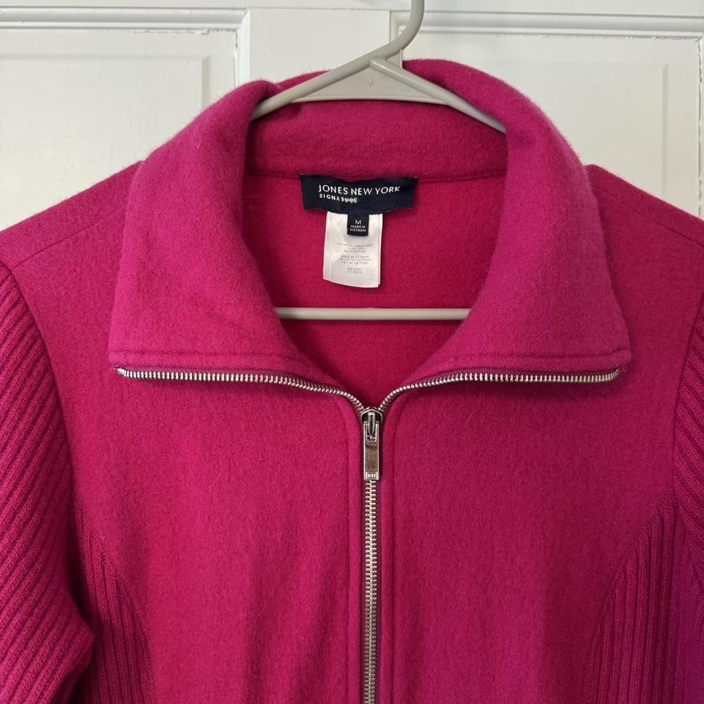 Jones New York Signature Pink Wool Blend Zip Up Ribbed Knit Jacket Womens Medium - Picture 2 of 7